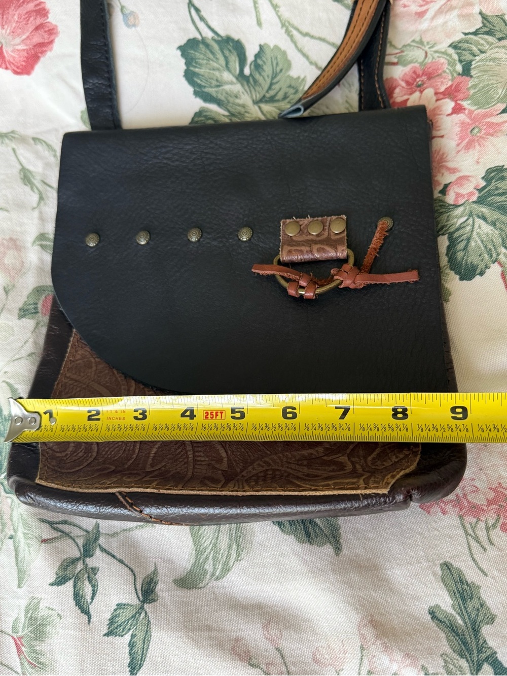 Boho Hand Tooled Leather Crossbody Bag Western Asymmetric Vintage Artisan Purse - Picture 15 of 16